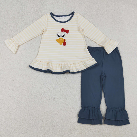 Baby Girl Long Sleeves Embroidery turkey Bow Stripes Tunic Pants Thanksgiving Fall Set RTS
