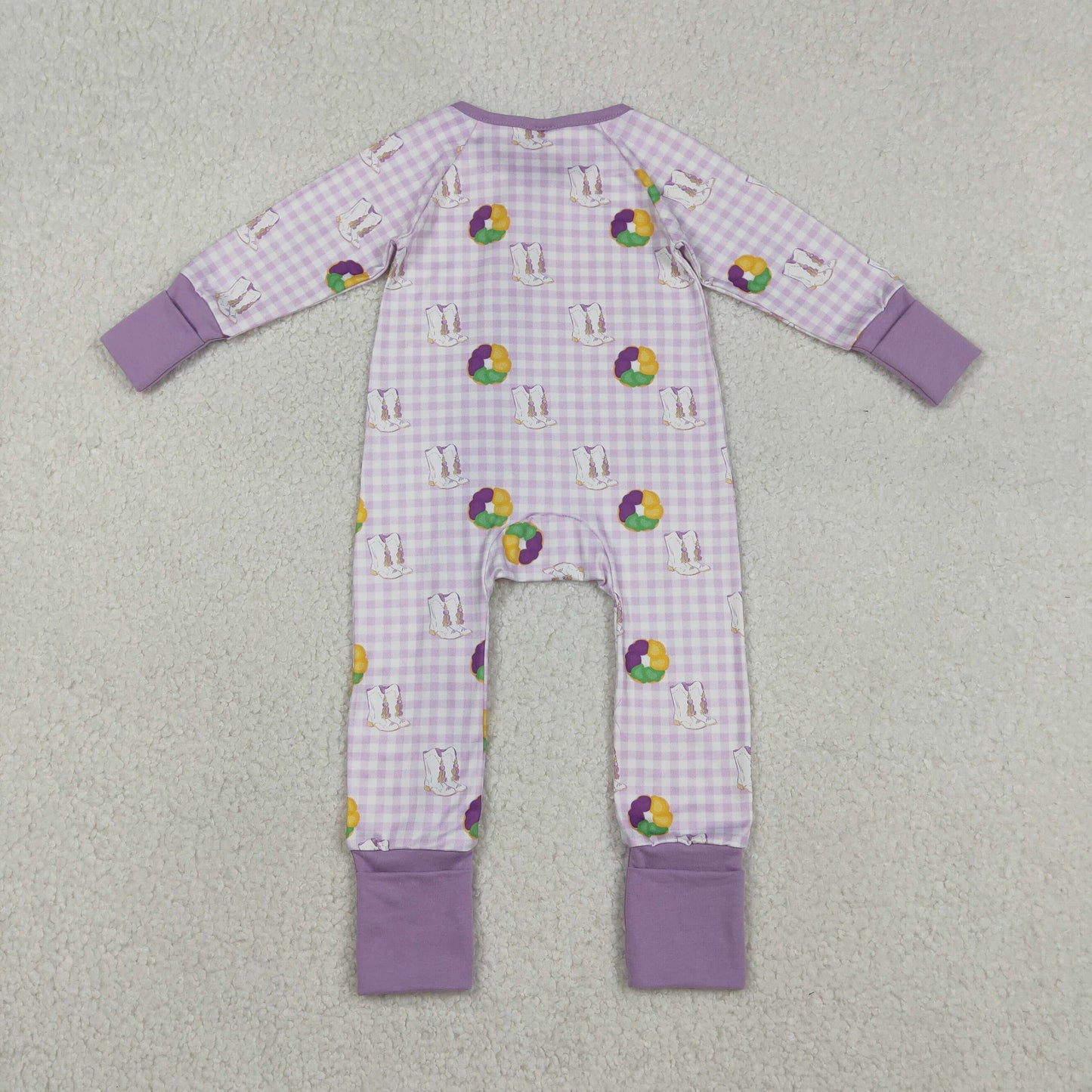 Kids Girls Infant Long Sleeves Donuts Boots Mardi Gras Purple Zipper Romper RTS