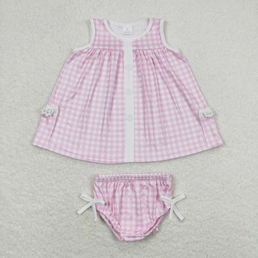 Baby Girl Sleeveless Sibling Sister Checkered Pocket Tops Bummies Sets