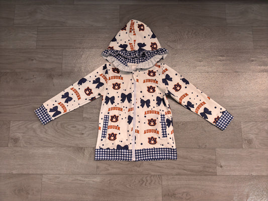 ( No moq ) Preorder Baby Girl Kids Navy Bows Plaid Pockets Zipper Hoodie Jacket Coat Team Tops