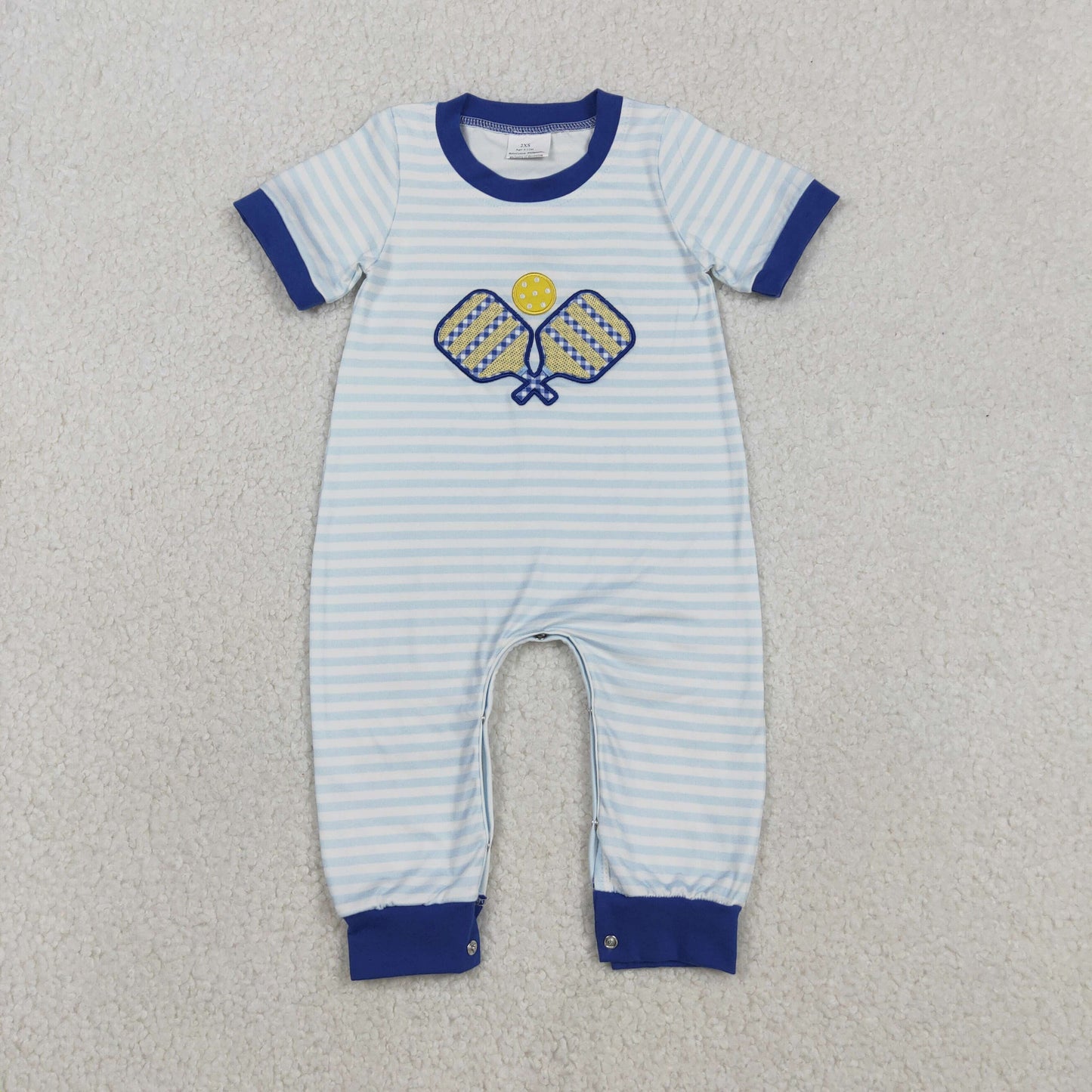 Baby Boys Short Sleeves Embroidery Table Tennis Blue Stripes Buttons Romper RTS