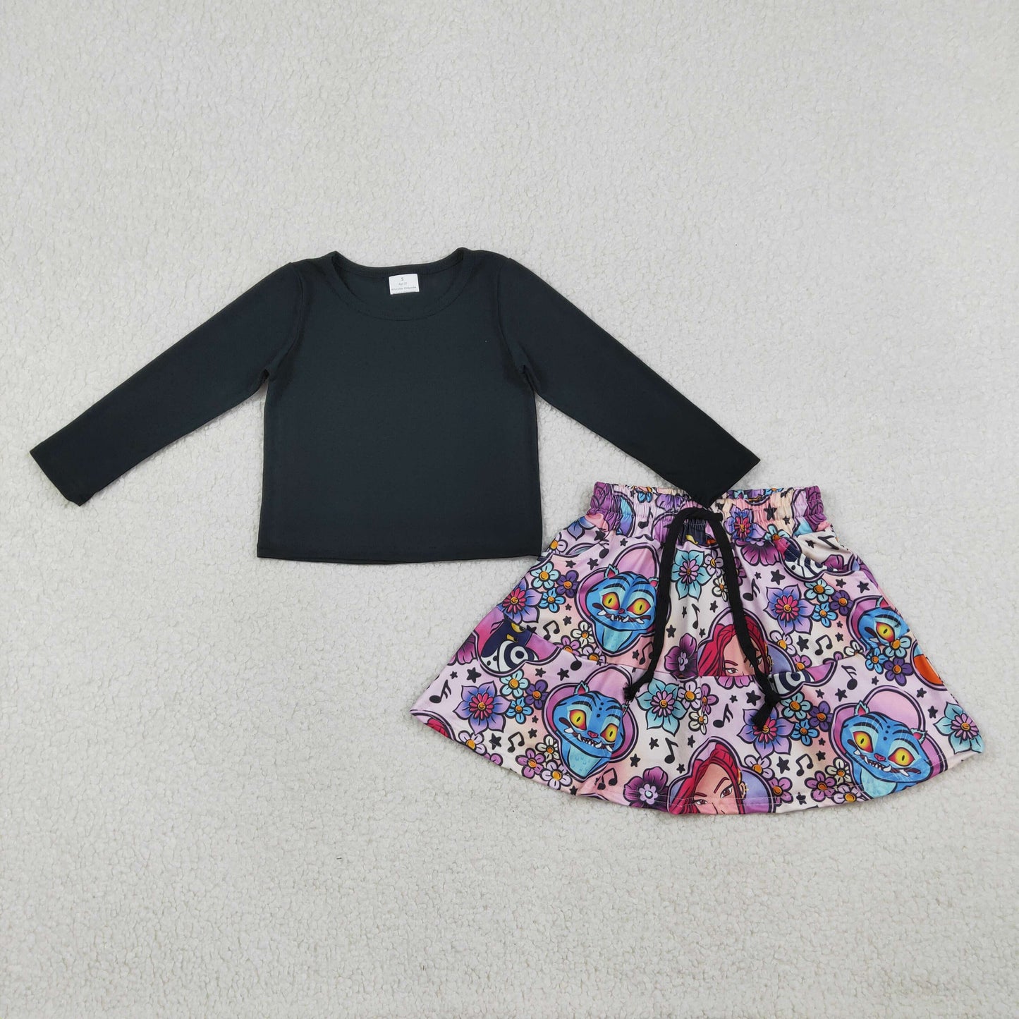 Baby Girls Kids Black Long Sleeves Shirt Movie Characters Flower Pockets Skort Set RTS