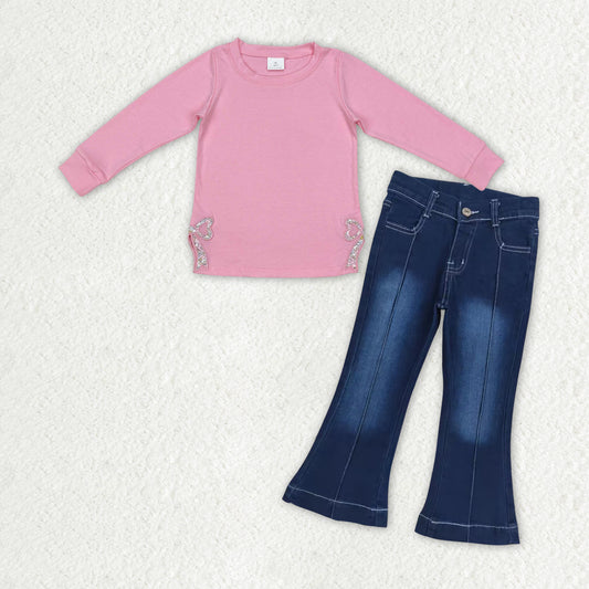 Baby Girl Long Sleeves Embroidery Bows Pink Shirt Jeans Denim Pants Clothes Set