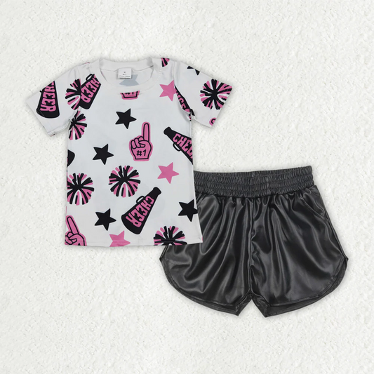 Baby Girl Short Sleeveless Black Purple Cheer Shirt Pockets Black Leather Shorts Set RTS
