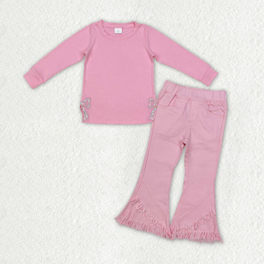 Baby Girl Long Sleeves Embroidery Bows Shirt Pink Jeans Denim Pants Clothes Set