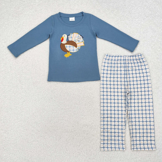 Baby Boy Long Sleeves Embroidery turkey Shirt Plaid Pants Pajamas Set