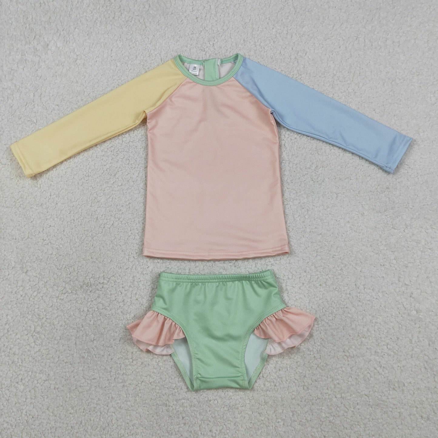 Baby Girls Kids Long Sleeves Zipper Tops Ruffle Shorts Set Swimsuit RTS