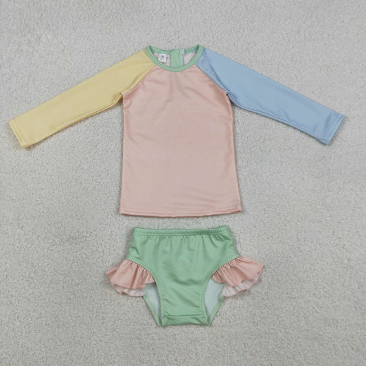 Baby Girls Kids Long Sleeves Zipper Tops Ruffle Shorts Set Swimsuit RTS