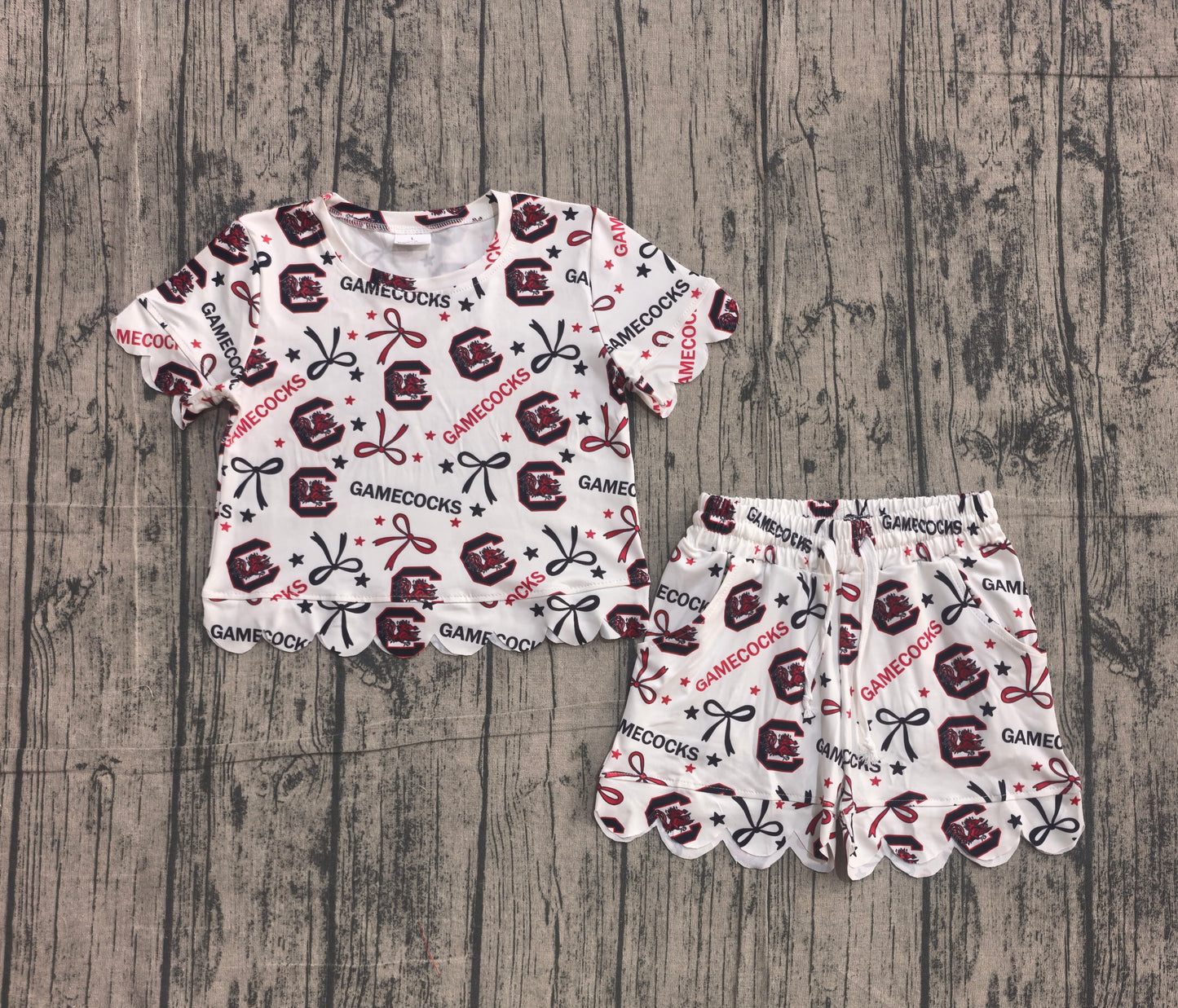 ( No moq ) Preorder Baby Girl Kids Short Sleeves Chicken Bows Shirt Shorts Team Set Scallop Clothes