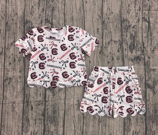 ( No moq ) Preorder Baby Girl Kids Short Sleeves Chicken Bows Shirt Shorts Team Set Scallop Clothes