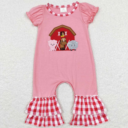 SR0511 Baby Girl Farm Embroidery Pink Ruffle Romper