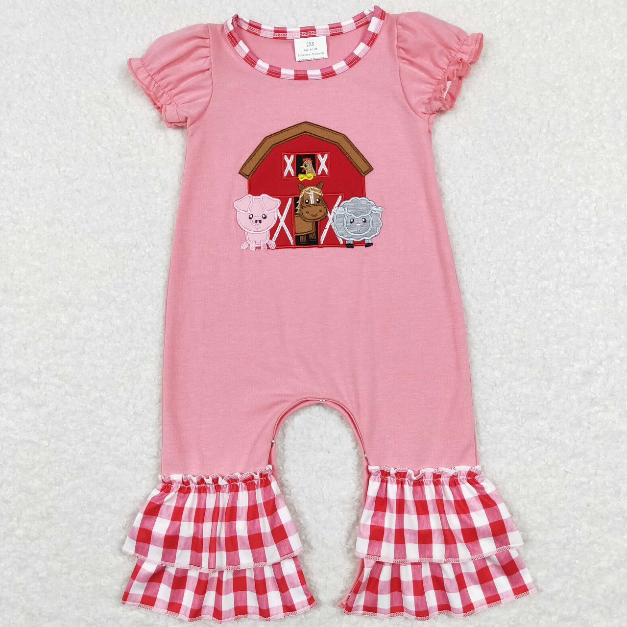 GSPO0994 Baby Girl Pink Short Sleeves Embroidery Farm Shirt Plaid Pants Set