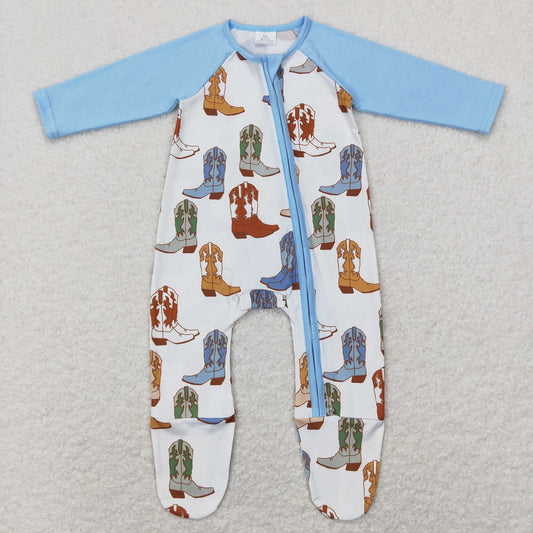 LR0853 Baby Boy Western Long Sleeves Boots Footie Zipper Romper