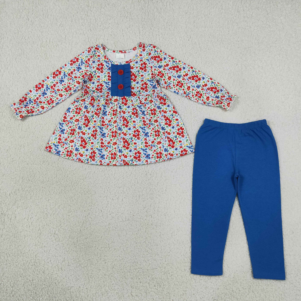 Baby Girls Kids Long Sleeves Floral Buttons Tunic Blue Pants Set Clothes RTS