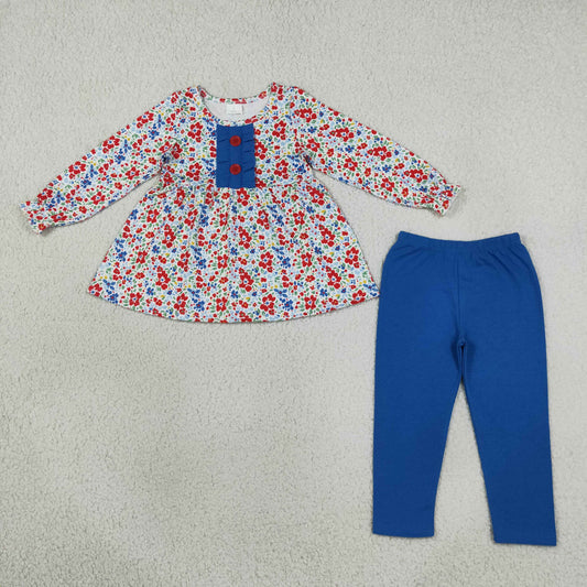 Baby Girls Kids Long Sleeves Floral Buttons Tunic Blue Pants Set Clothes RTS