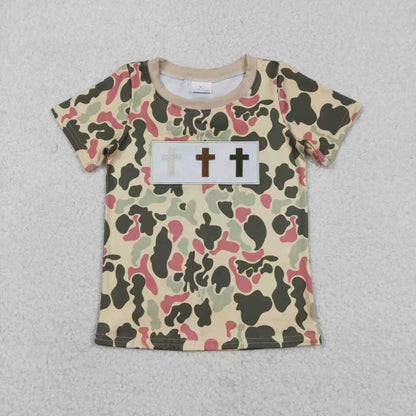 Sibling Baby Boys Kids Embroidery Crosses Easter Camo Romper Shirt Tops RTS