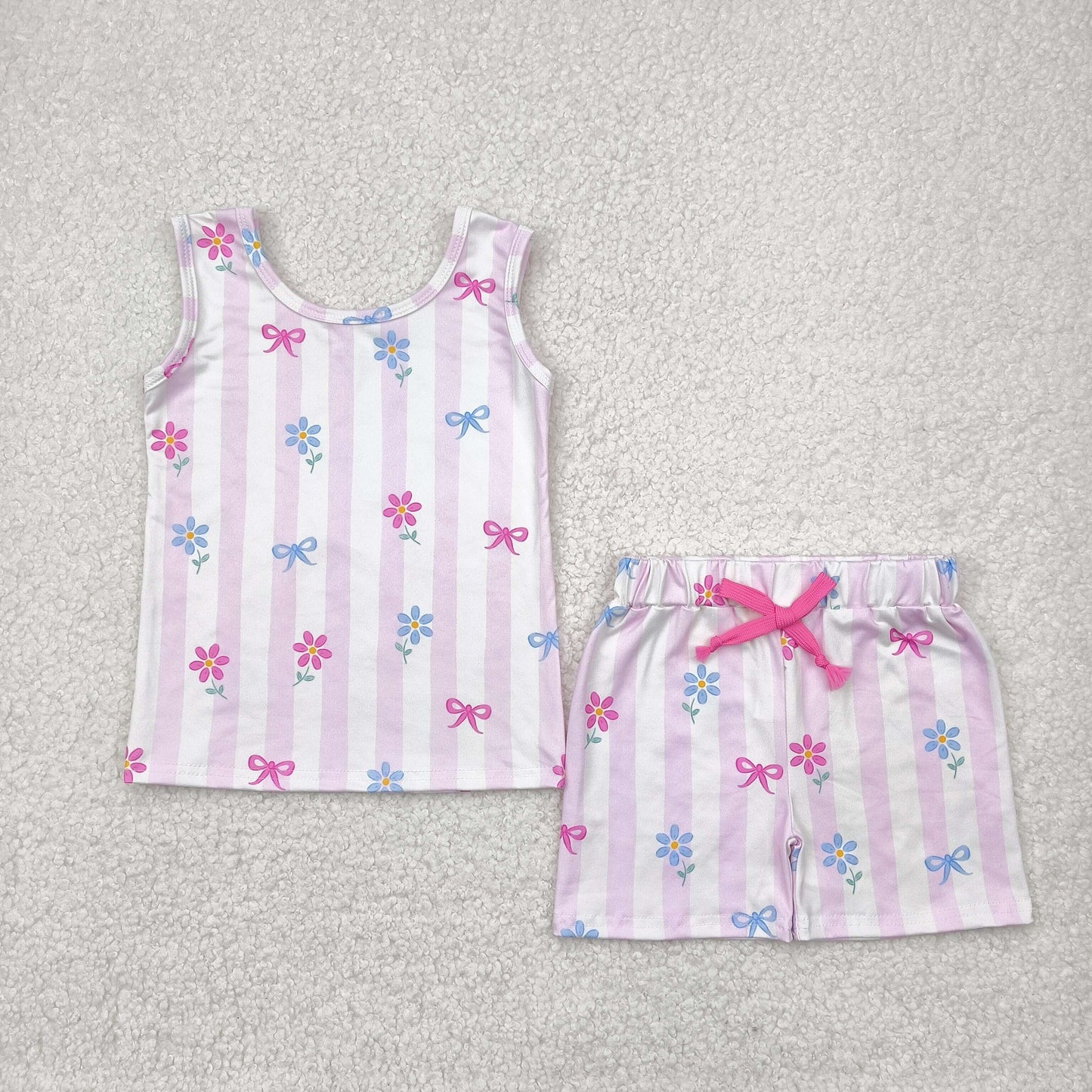 Baby Girl Sleeveless Flower Bows Stripes Tops Shorts Set RTS