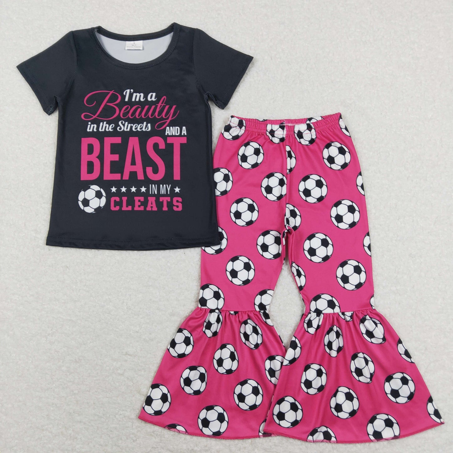 GSPO1262 Baby Girl Short Sleeves Shirt Soccer Bell Pants Set