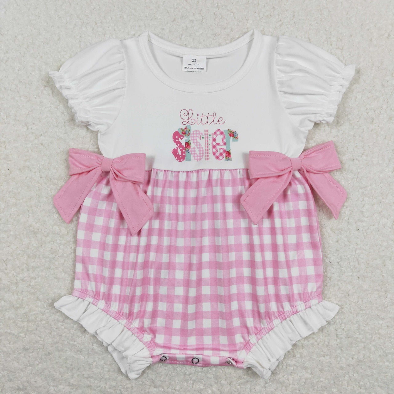 SR0588 Baby Girl Short Sleeves Little Sister Pink Plaid Ruffle One Piece Romper