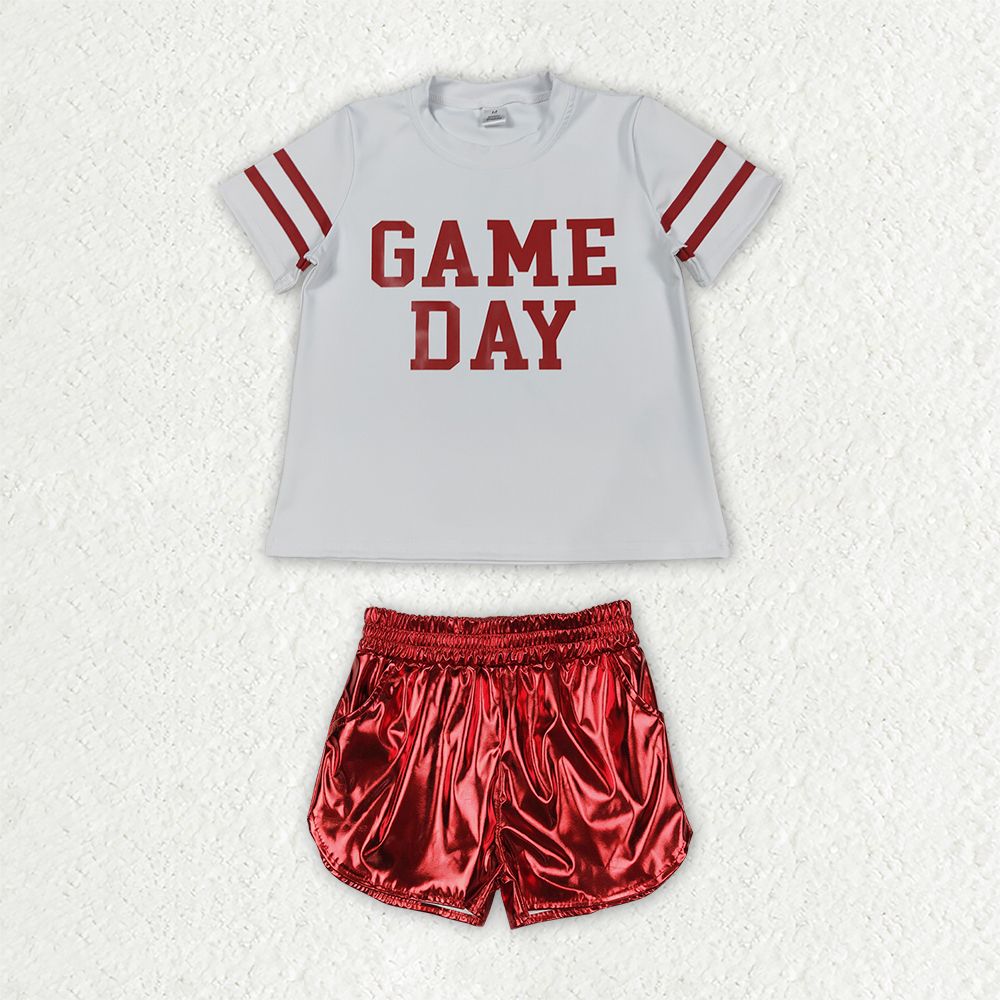 Baby Girls Kids Short Sleeves Game Day Shirt Red Pockets Shorts Set Team Clothes RTS