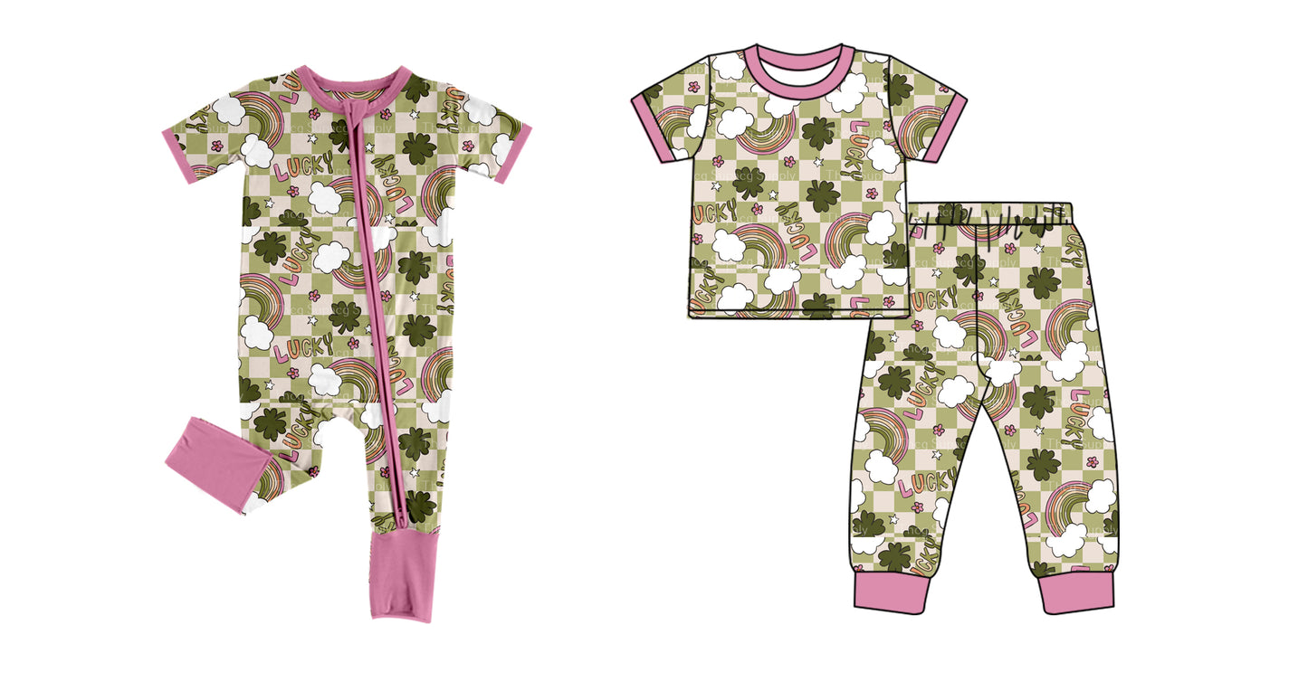 Baby Girl Short Sleeves St. Patrick Checkered Rainbow Sibling Romper Clothes Set ( Moq 5 Each Design )11.23