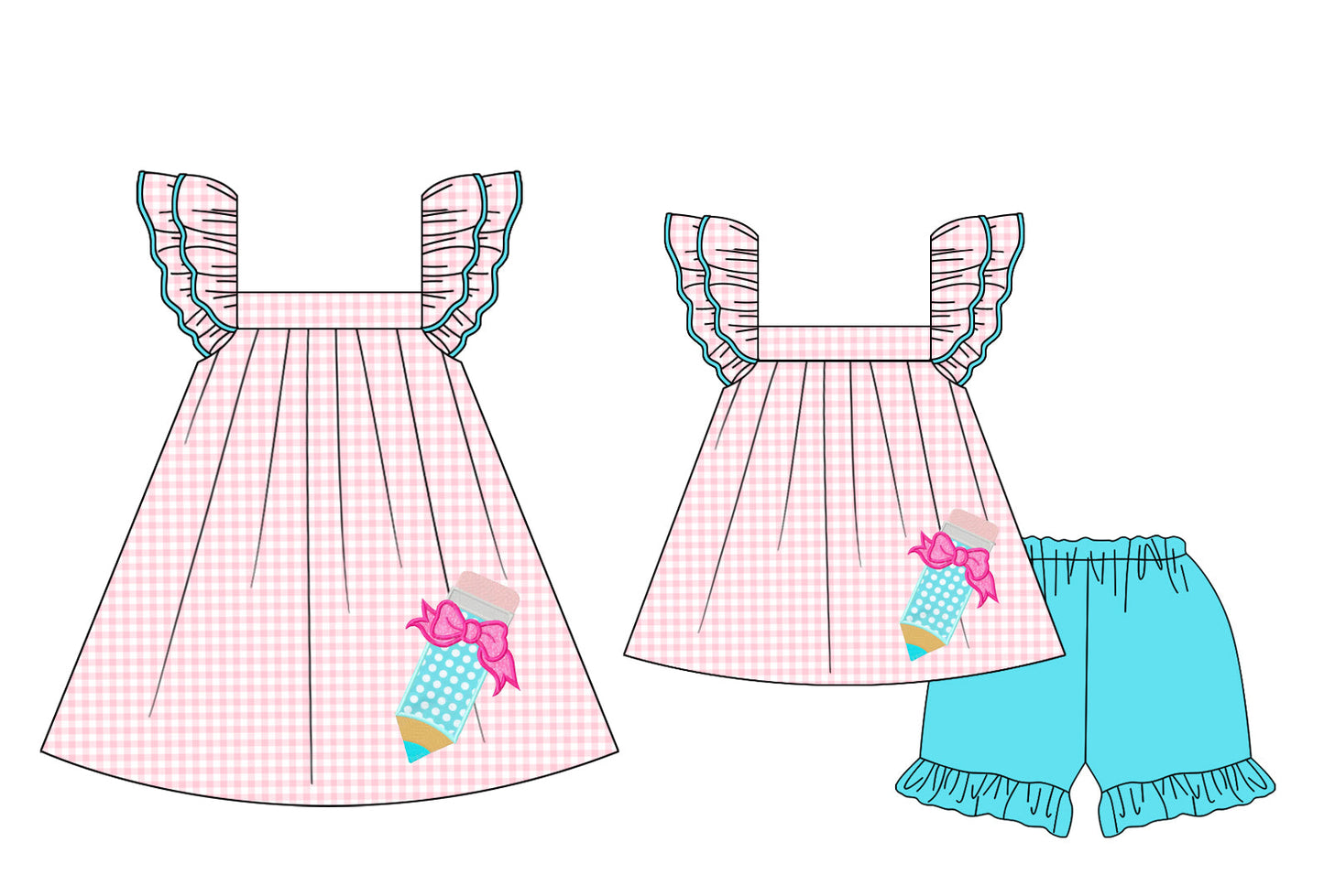 Baby Girl Back To School Pencil Bows Pink Checked Sibling Dress Set ( Moq 5 Each Style ) 1.24