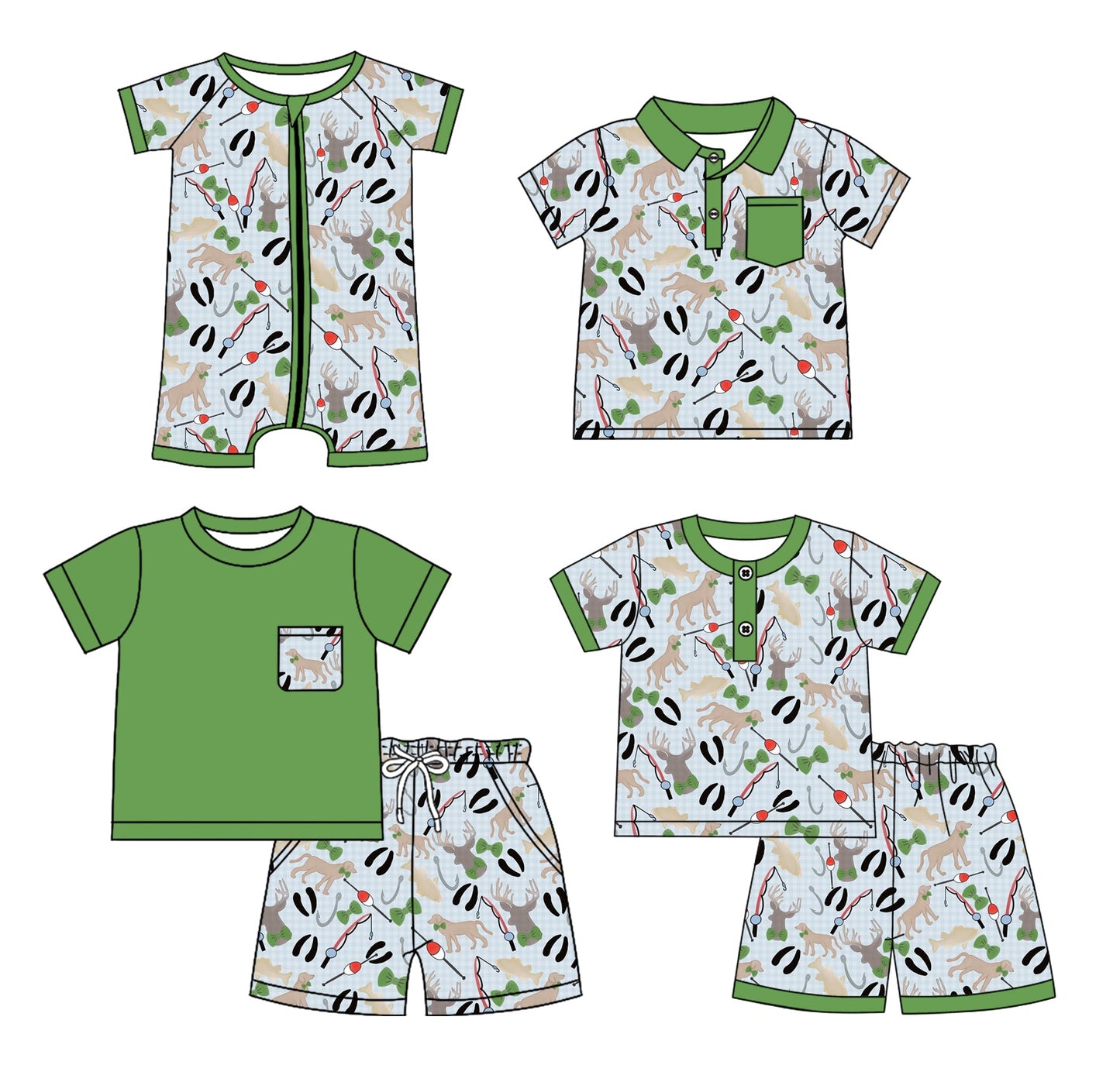 Baby Boy Short Sleeves Dogs Deer Fishing Sibling Romper Shirt Set ( Moq 5 Each Style ) 3.4