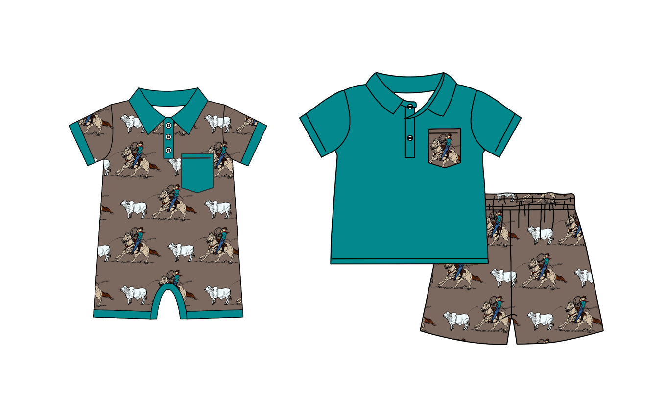 Baby Boy Short Sleeves Western Rodeo Green Sibling Romper Set ( Moq 5 Each Design ) 12.16