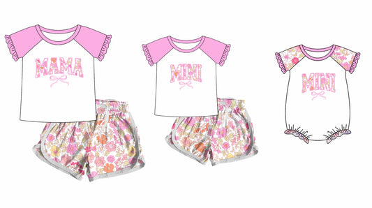 Baby Girl Adult Women Mama Mini Flower Pink Bow Sibling Family Romper Set ( Moq 5 Each Style ) 12.10