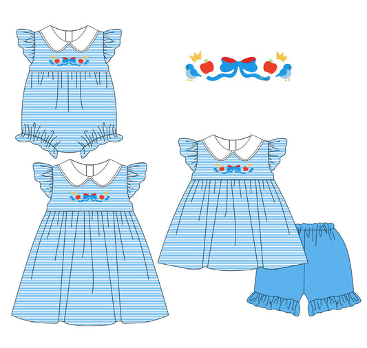 Baby Girl Apple Bows Stripes Blue Sibling Romper Dress Set ( Moq 5 Each Style ) 1.16