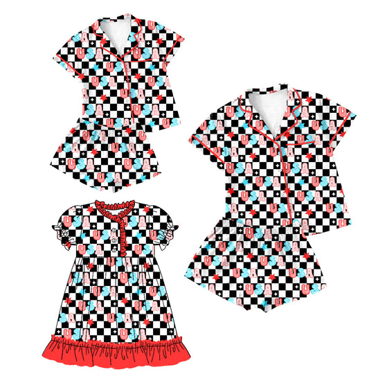 Baby Girl Adult Women Short Sleeves USA Checked Sibling Dress Set ( Moq 5 Each Style ) 1.3