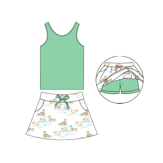 Baby Girl Sleeveless Green Shirt Ducks Shorts Skirt Bathing Swimsuit Set