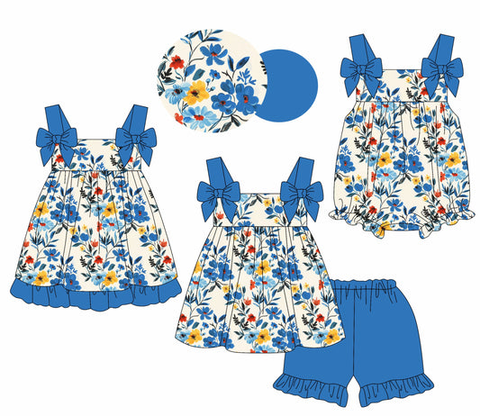Baby Girl Flower Blue Bows Sibling Romper Dress Set ( Moq 5 Each Style ) 1.20