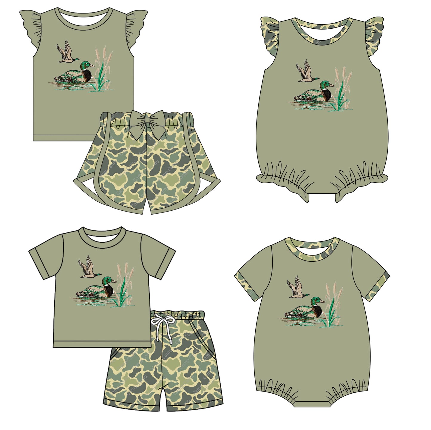 Baby Boy Girl Short Sleeves Ducks Camo Green Sibling Romper Clothes Set ( Moq 5 Each style ) 11.28