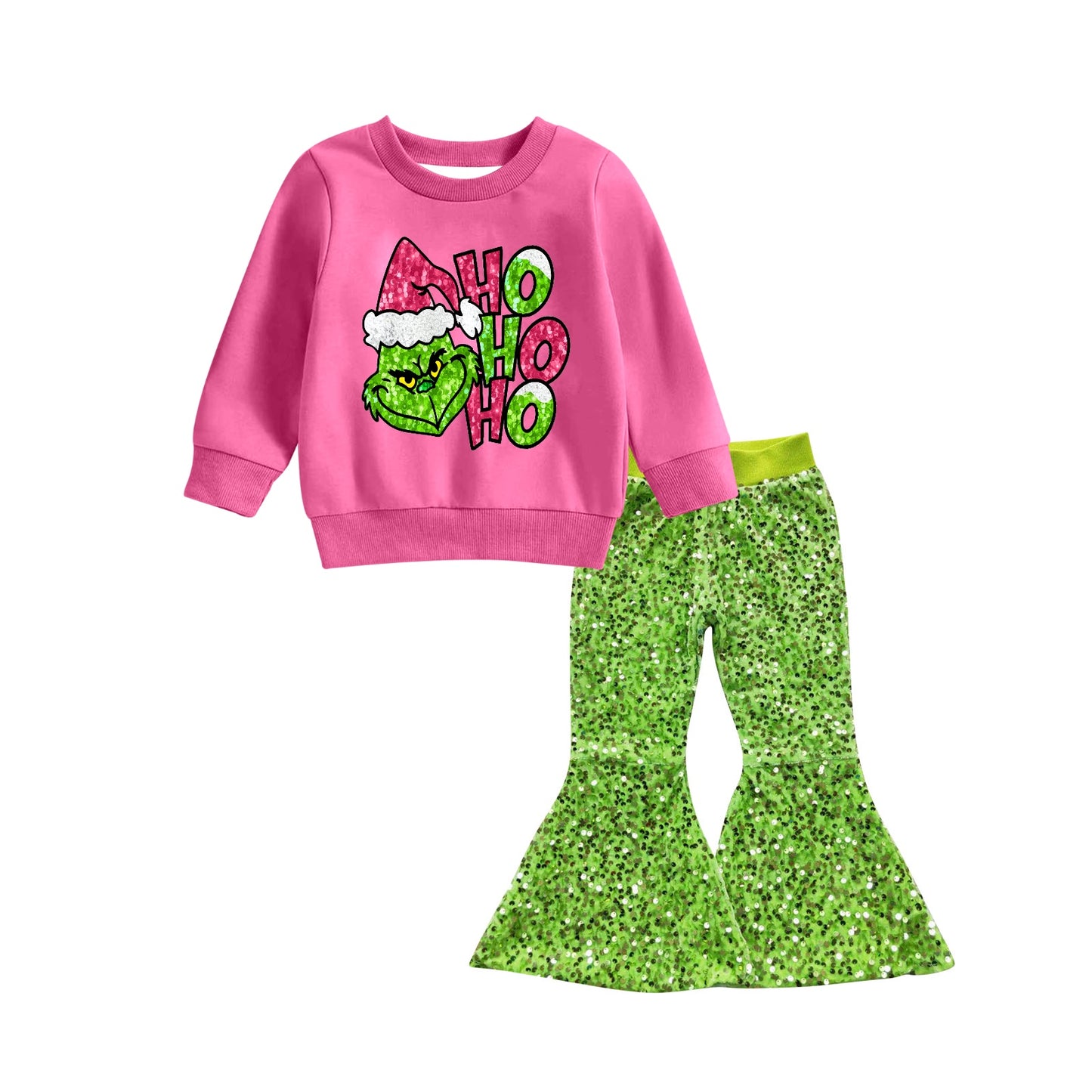 Baby Girl Pink Long Sleeves Christmas Face Shirt Green Sequins Pants Set