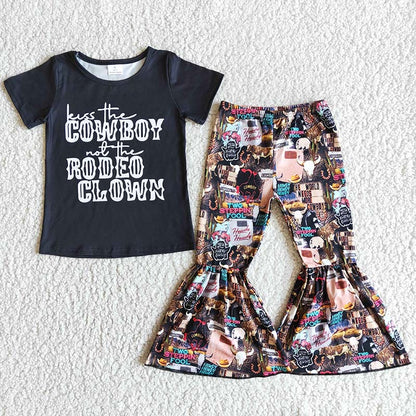 Promotion Baby Girl Short Sleeves Cowboy Rodeo Shirt Bell Pants Western Set RTS