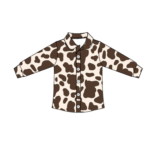 Baby Boy Summer Short Sleeves Brown Cow Print Button Up Shirt