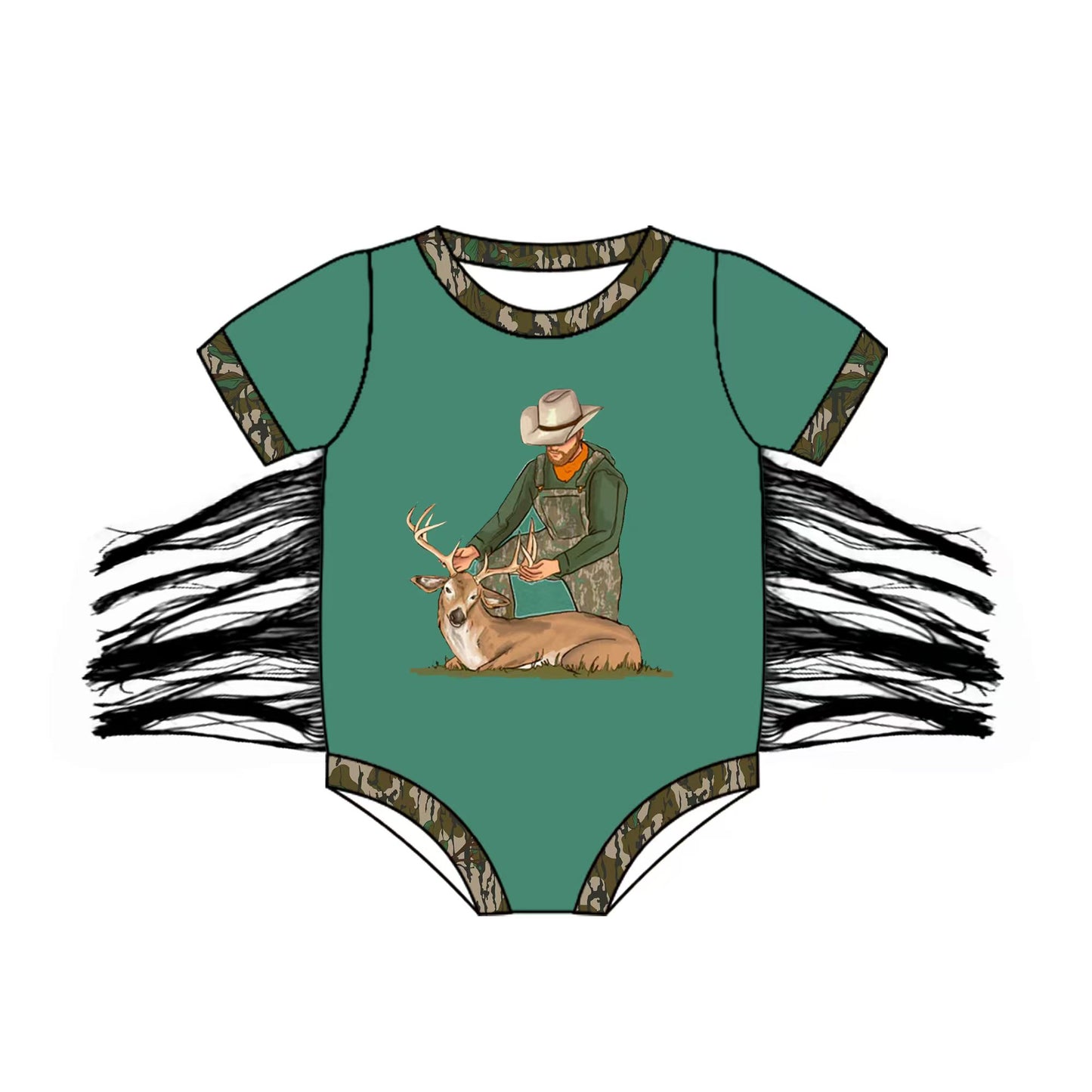 Baby Boy Short Sleeves Deer Hunting Tassels Bubble Green Romper (Moq 5) 12.5