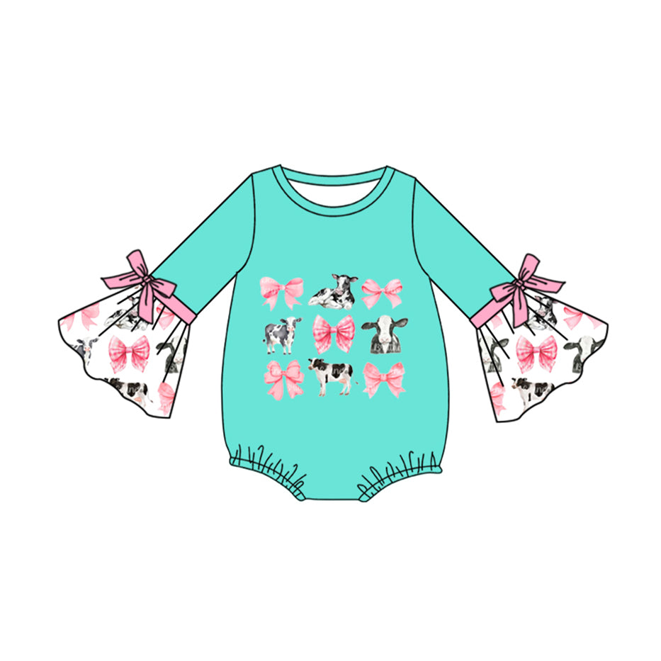 Baby Girl Infant Western Cow Bows Green Bubble Romper