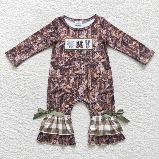 LR0526 Baby Girl Long Sleeves Camo turkey Deer Hunting One Piece Embroidery Romper