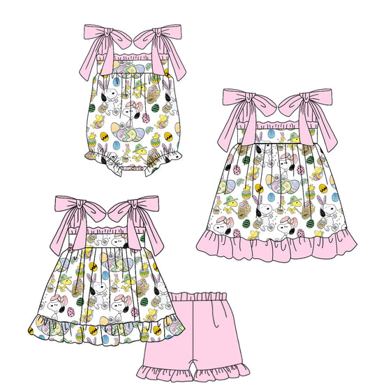 Baby Girl Straps Easter Dogs Eggs Sibling Romper Dress Set ( Moq 5 Each Design ) 12.12