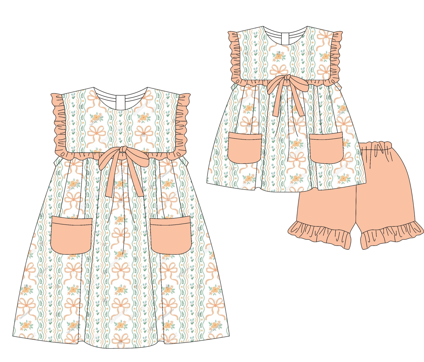 Baby Girl Bows Pockets Ruffle Sibling Dress Set ( Moq 5 Each Style ) 3.5