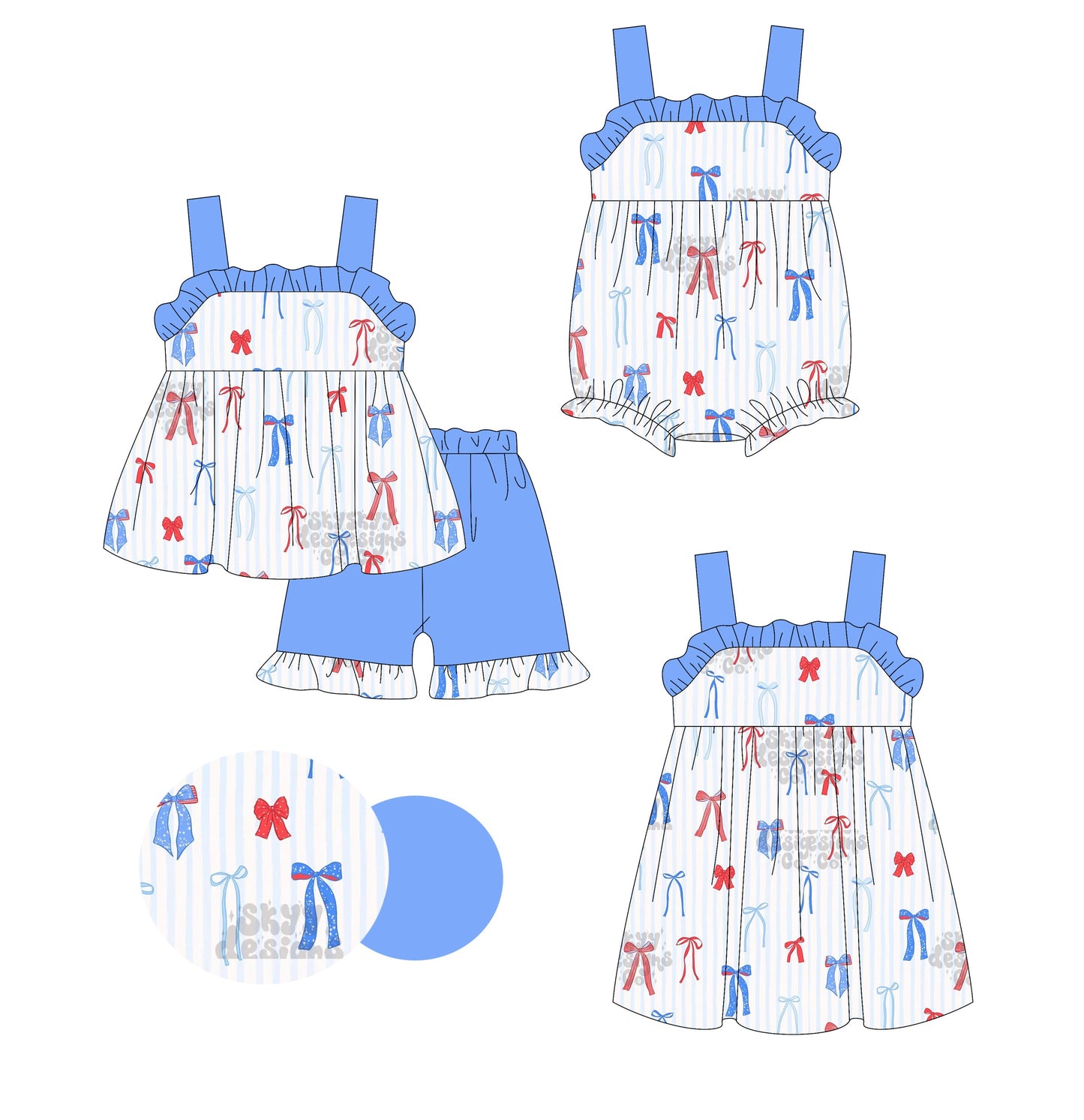 Baby Girl Straps Stripes Bows July 4th Sibling Romper Dress Set ( Moq 5 Each Style ) 3.3
