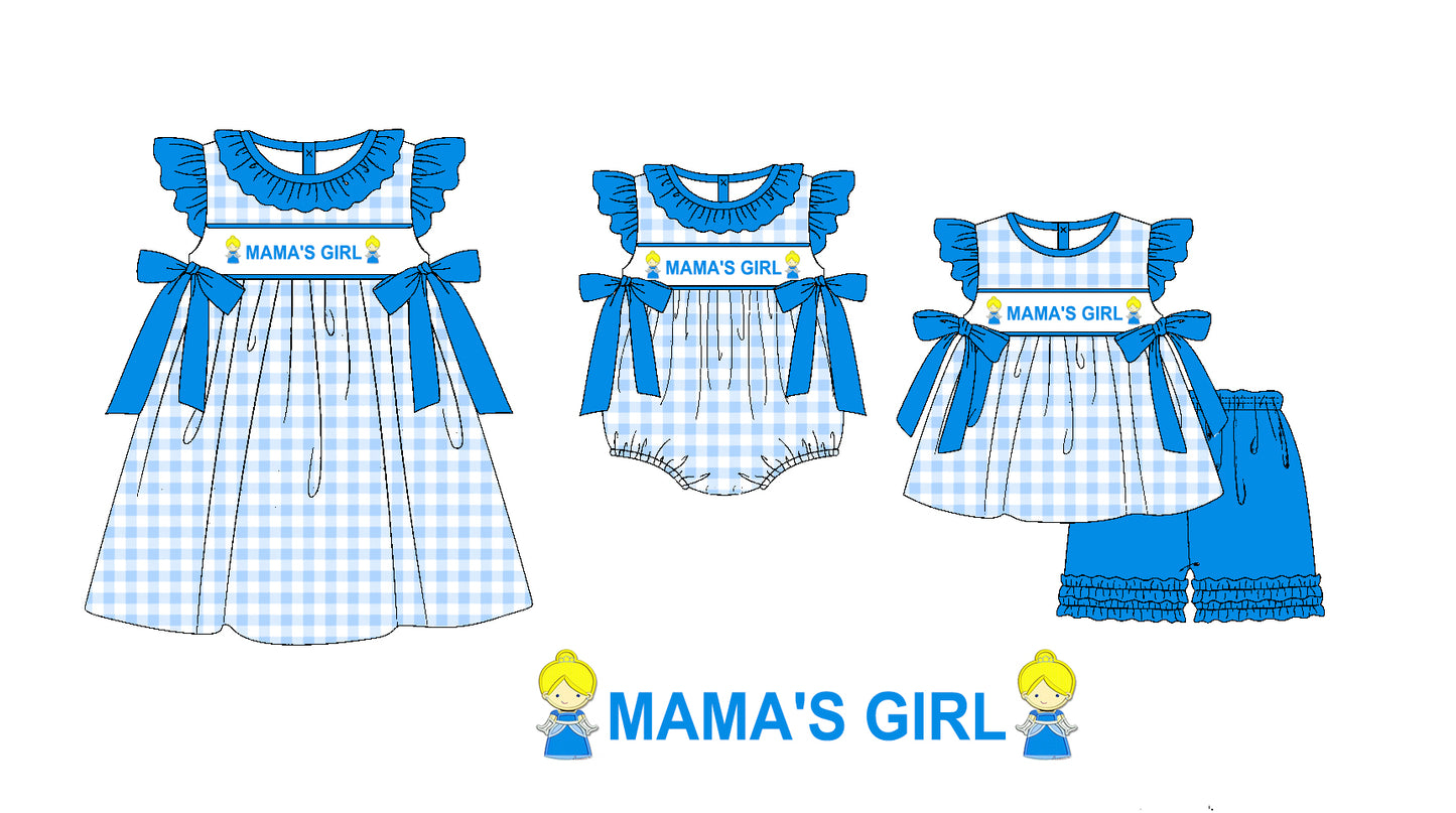 Baby Kids Mama's Girl Blue Bows Sibling Princess Romper Dress Clothes Set ( Moq 5 Each Design )11.19