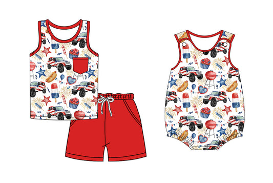 ( Moq 5 Each Style ) Baby Boy Sleeveless 4th Of July Trucks Sibling Romper Set 3.28