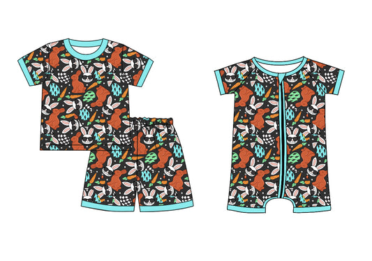 Baby Boy Short Sleeves Rabbits Eggs Carrots Easter Sibling Romper Clothes Set ( Moq 5 Each Design ) 12.3