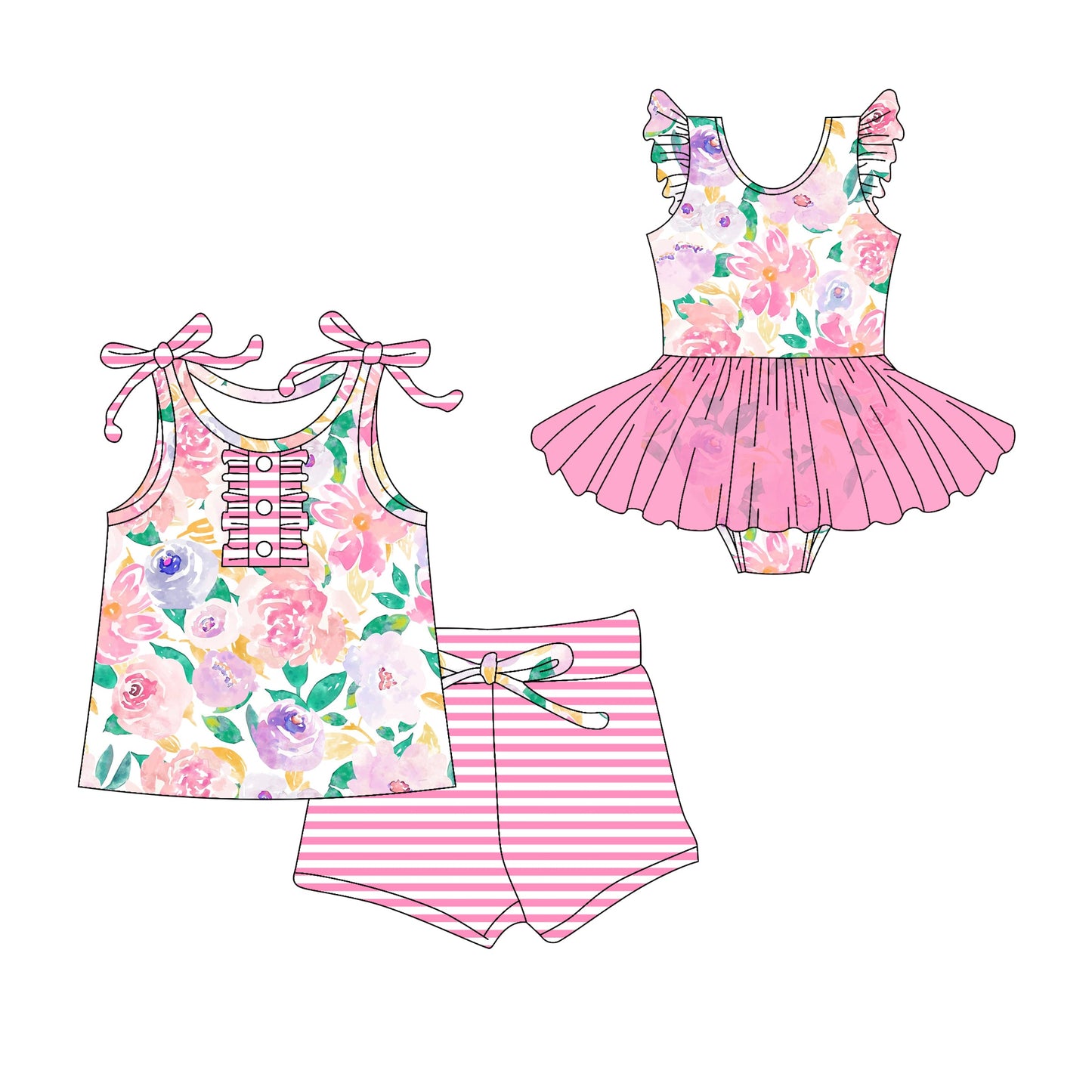 Baby Girl Flower Pink Stripes Sibling Tulle Romper Dress Set ( Moq 5 Each Style ) 3.10