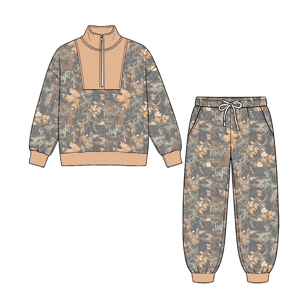 ( No moq ) Preorder Baby Boys Kids Long Sleeves Zipper Shirt Leaves Pockets Pants Set Clothes