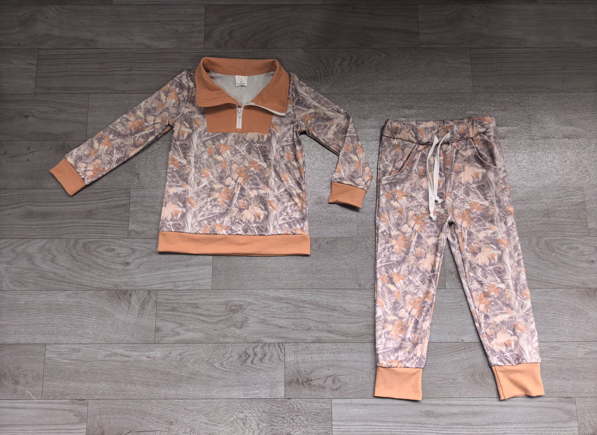 ( No moq ) Preorder Baby Boys Kids Leaves Long Sleeves Zipper Shirt Pockets Pants Set Clothes