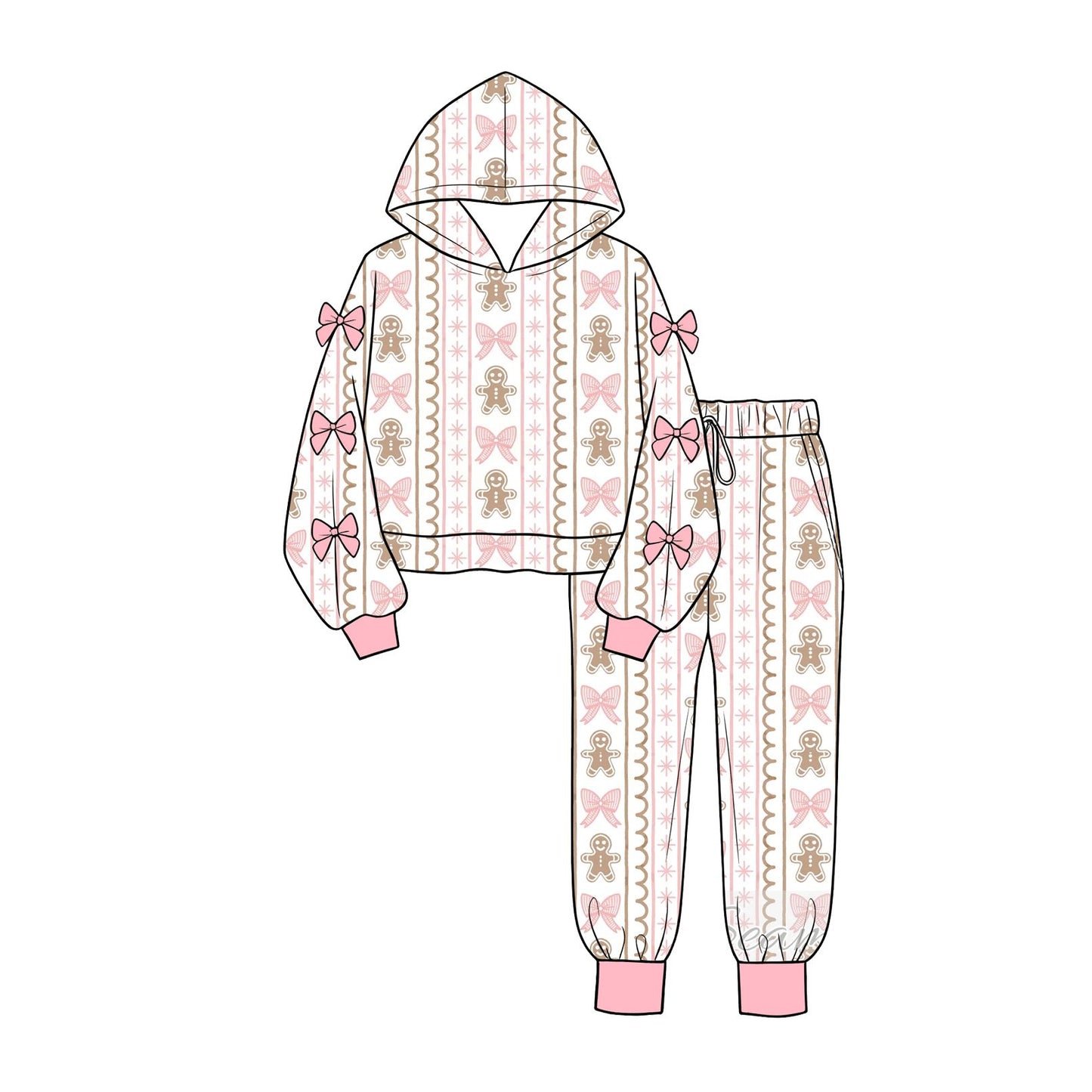 ( Moq 5 ) Preorder Baby Girls Kids Christmas Gingerbread Bows Hoodie Pullover Pockets Pants Set Clothes